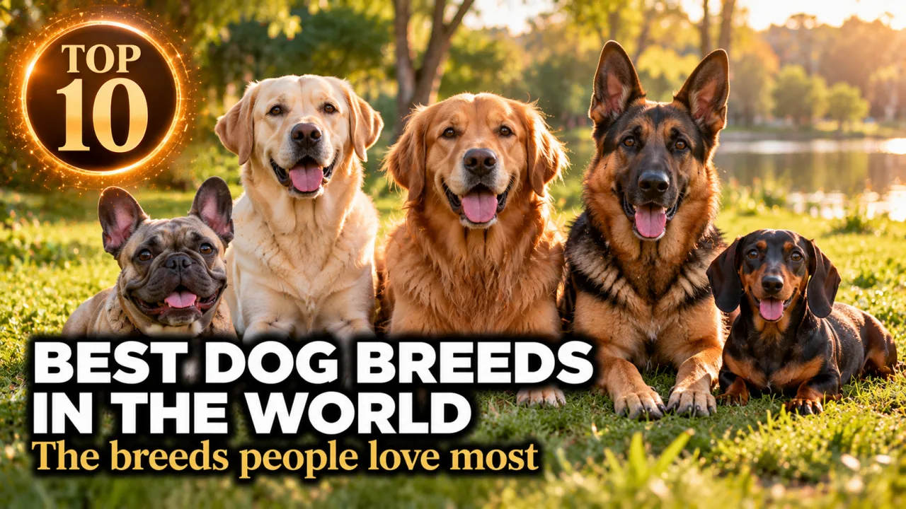 A French Bulldog, a Labrador Retriever, a Golden Retriever, a German Shepherd and a Dachshund sitting together on sunlit park grass