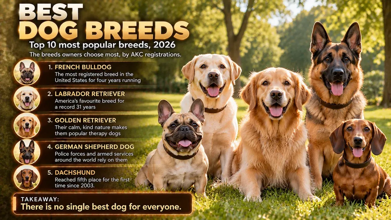 A French Bulldog, a Labrador Retriever, a Golden Retriever, a German Shepherd and a Dachshund sitting together on sunlit park grass