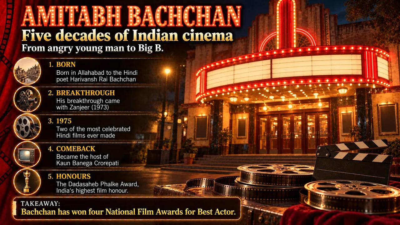 Infographic on Amitabh Bachchan's life and films, showing an old cinema hall at night with a red marquee and film reels