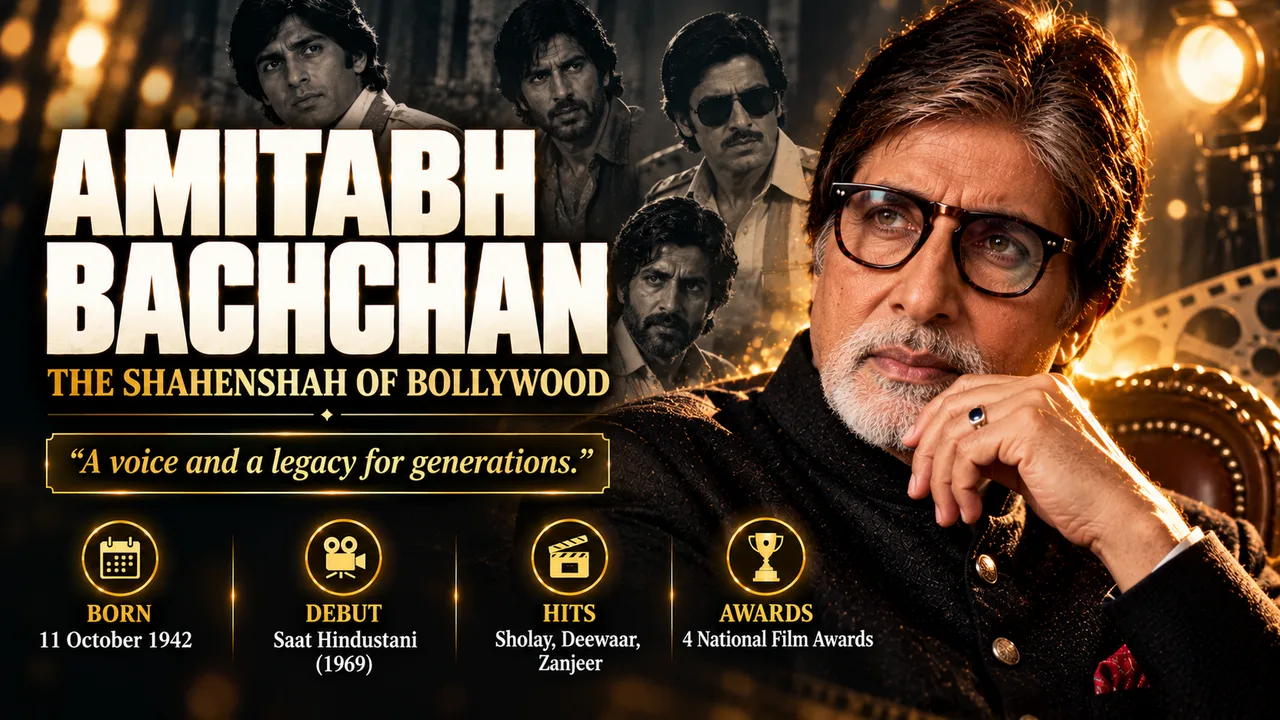 Amitabh Bachchan, the Shahenshah of Bollywood, in a cinematic portrait with gold lighting and scenes from his films