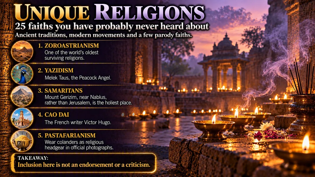 Infographic of 25 unique religions you have probably never heard of, showing brass oil lamps and incense smoke at dusk