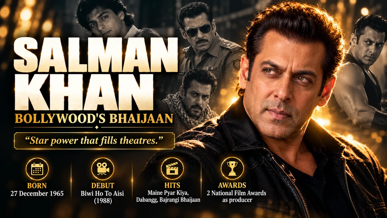 Salman Khan, Bollywood's Bhaijaan, in a cinematic portrait with gold lighting and film roles behind him