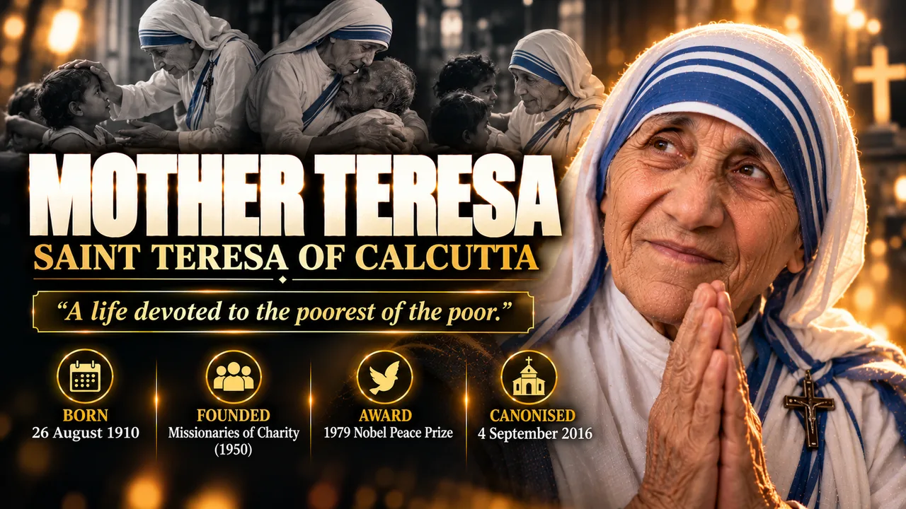 Mother Teresa poster-style portrait with facts: born 26 August 1910, founded the Missionaries of Charity (1950), 1979 Nobel Peace Prize, canonised 4 September 2016