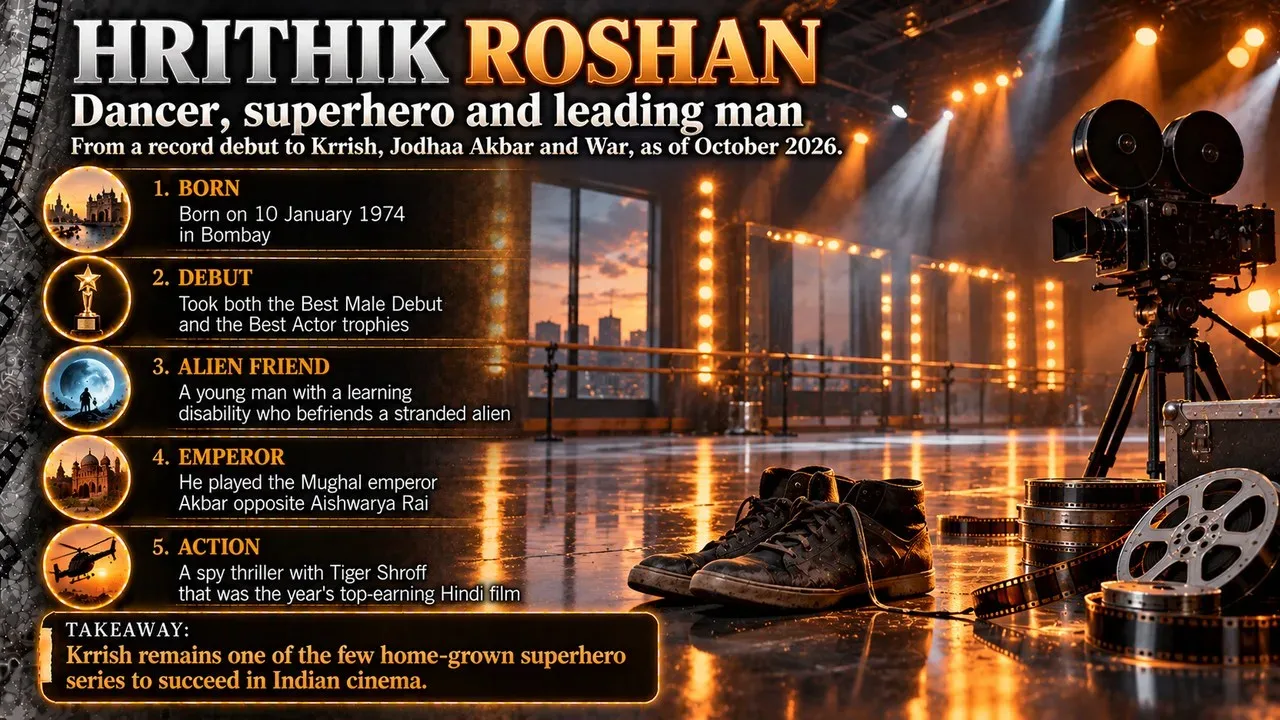 Infographic on Hrithik Roshan's career, showing an empty dance stage under spotlights with dance shoes and a film reel