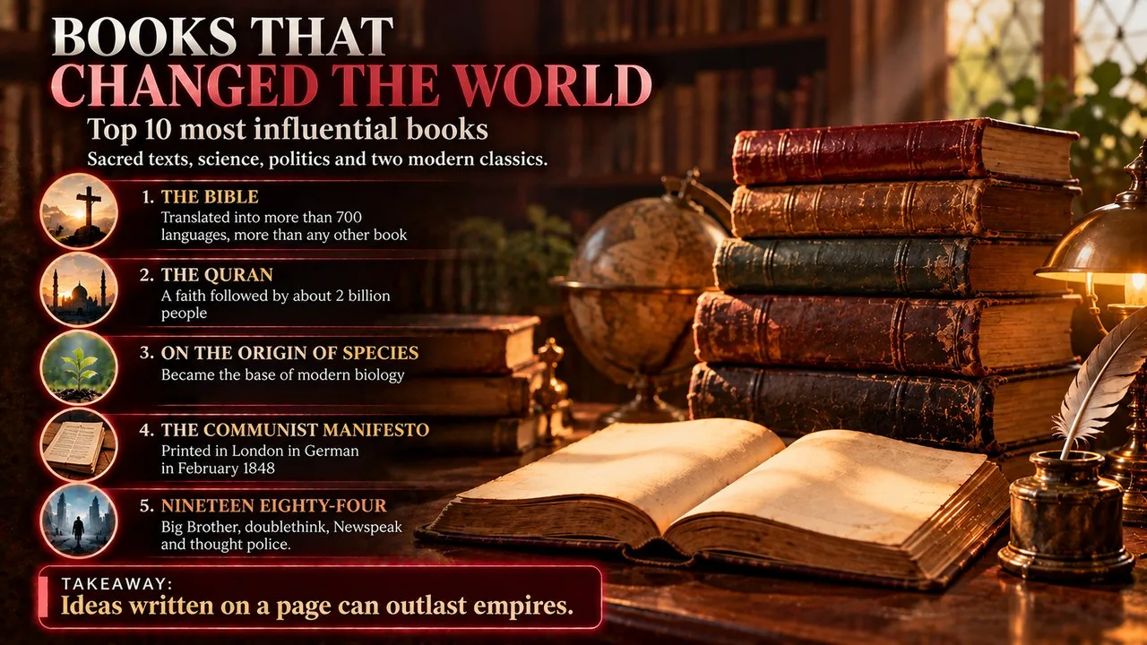 Infographic of the top 10 books that changed the world, showing a stack of old leather books and an open volume by lamplight