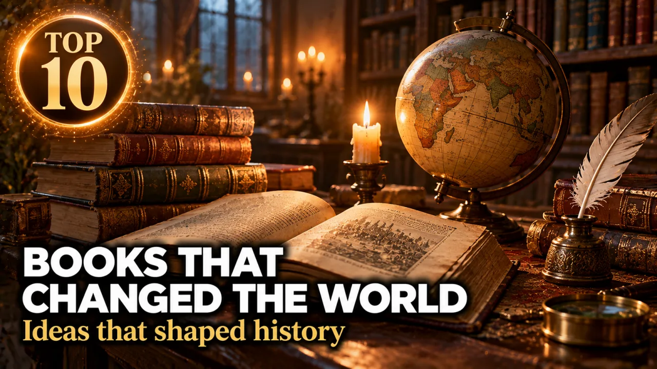 A candlelit antique library desk with an open old book, a stack of leather-bound volumes, a brass globe and a quill pen