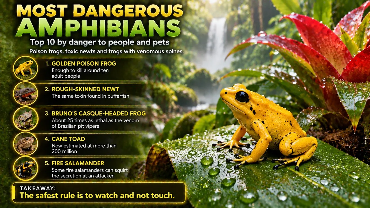 Infographic of the top 10 most dangerous amphibians, showing a bright yellow poison frog on a wet leaf beside a bromeliad