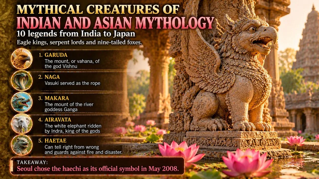 Infographic of mythical creatures of Indian and Asian mythology, showing a carved stone temple guardian beside pink lotus