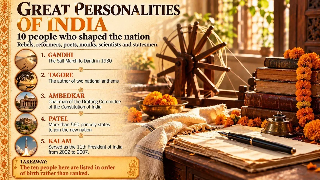 Infographic of the top 10 great personalities of India, showing a spinning wheel, old books and marigolds on a desk