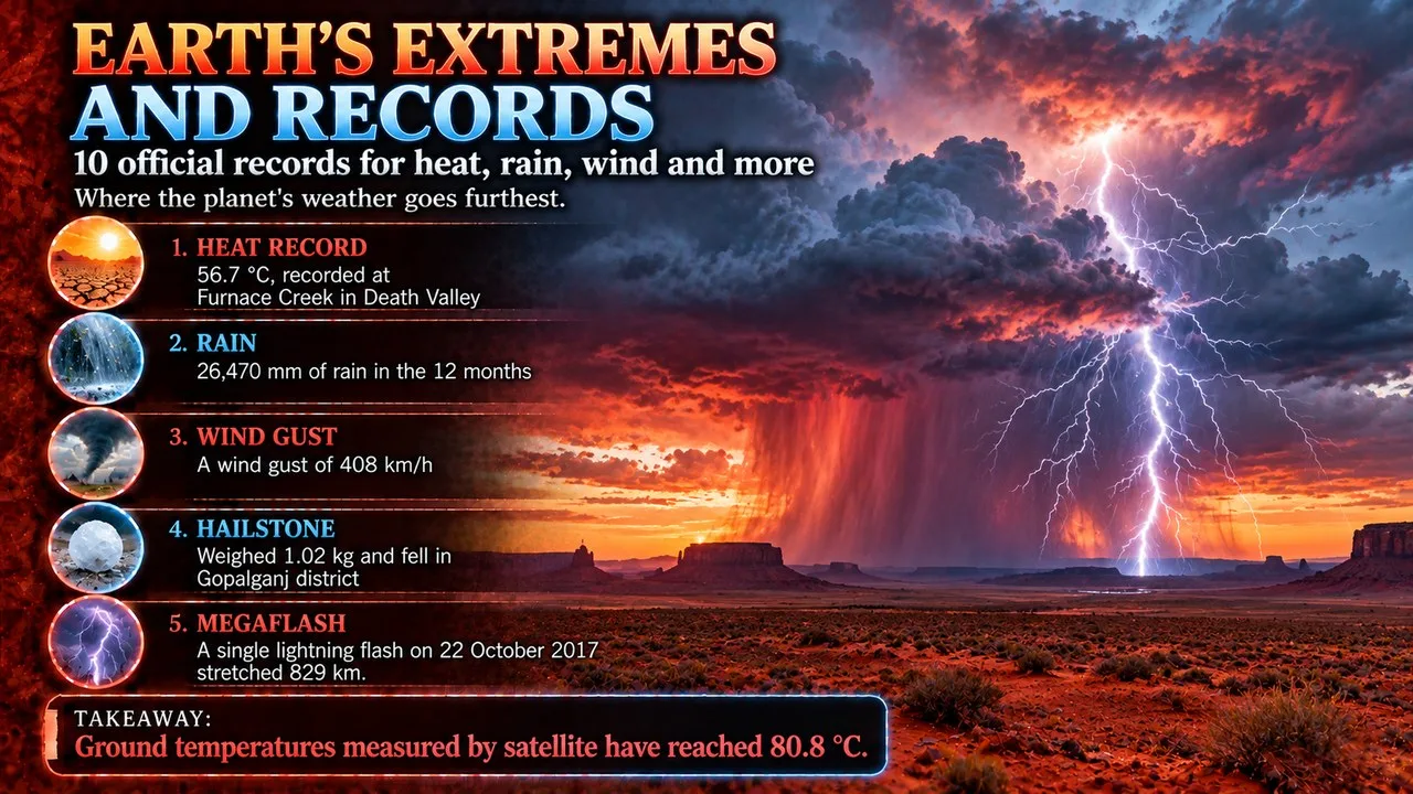 Infographic of Earth's extremes and records, showing a huge thunderstorm with lightning over a red desert at dusk