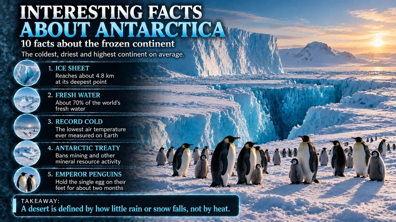 Infographic of interesting facts about Antarctica, showing emperor penguins on sea ice before tall blue ice cliffs