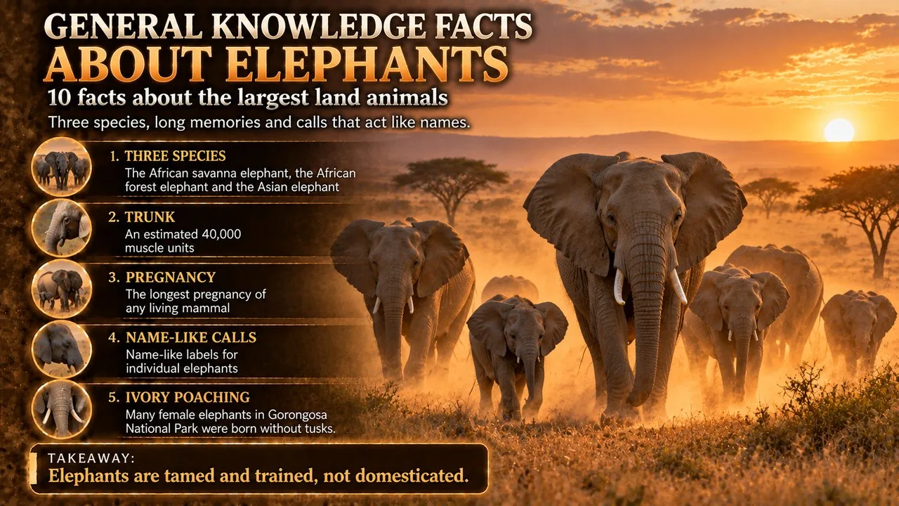Infographic of general knowledge facts about elephants, showing an elephant family and calf walking through dusty grass