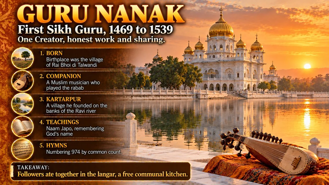 Infographic on Guru Nanak, first Sikh Guru, showing a white marble gurdwara by a river at sunrise with a rabab in front