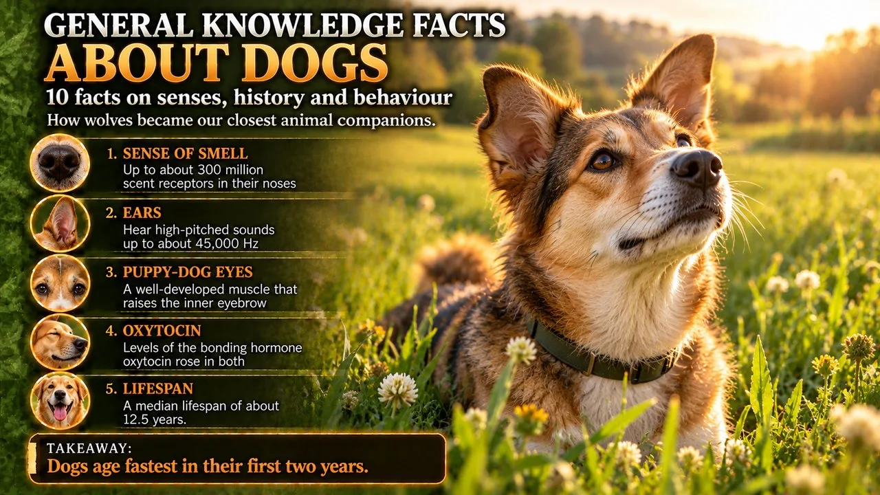 Infographic of general knowledge facts about dogs, showing an alert dog sniffing the air in a sunlit meadow at golden hour