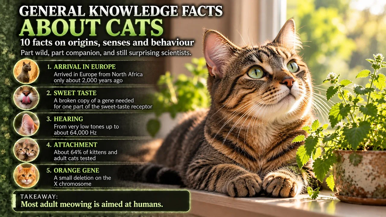 Infographic of general knowledge facts about cats, showing a green-eyed tabby cat on a sunny windowsill beside potted catnip