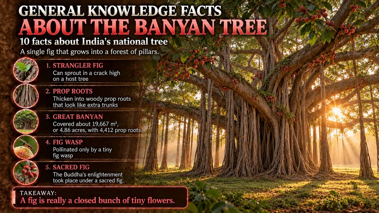 Infographic of general knowledge facts about the banyan tree, showing a vast banyan with pillar roots in a misty garden