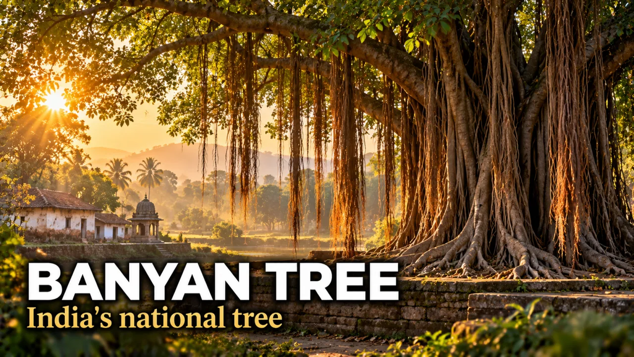 A vast banyan tree with a curtain of hanging aerial roots at sunrise in an Indian village