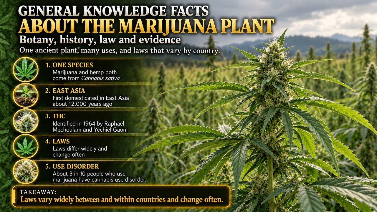 Infographic of general knowledge facts about the marijuana plant, showing serrated cannabis leaves in a field of tall hemp