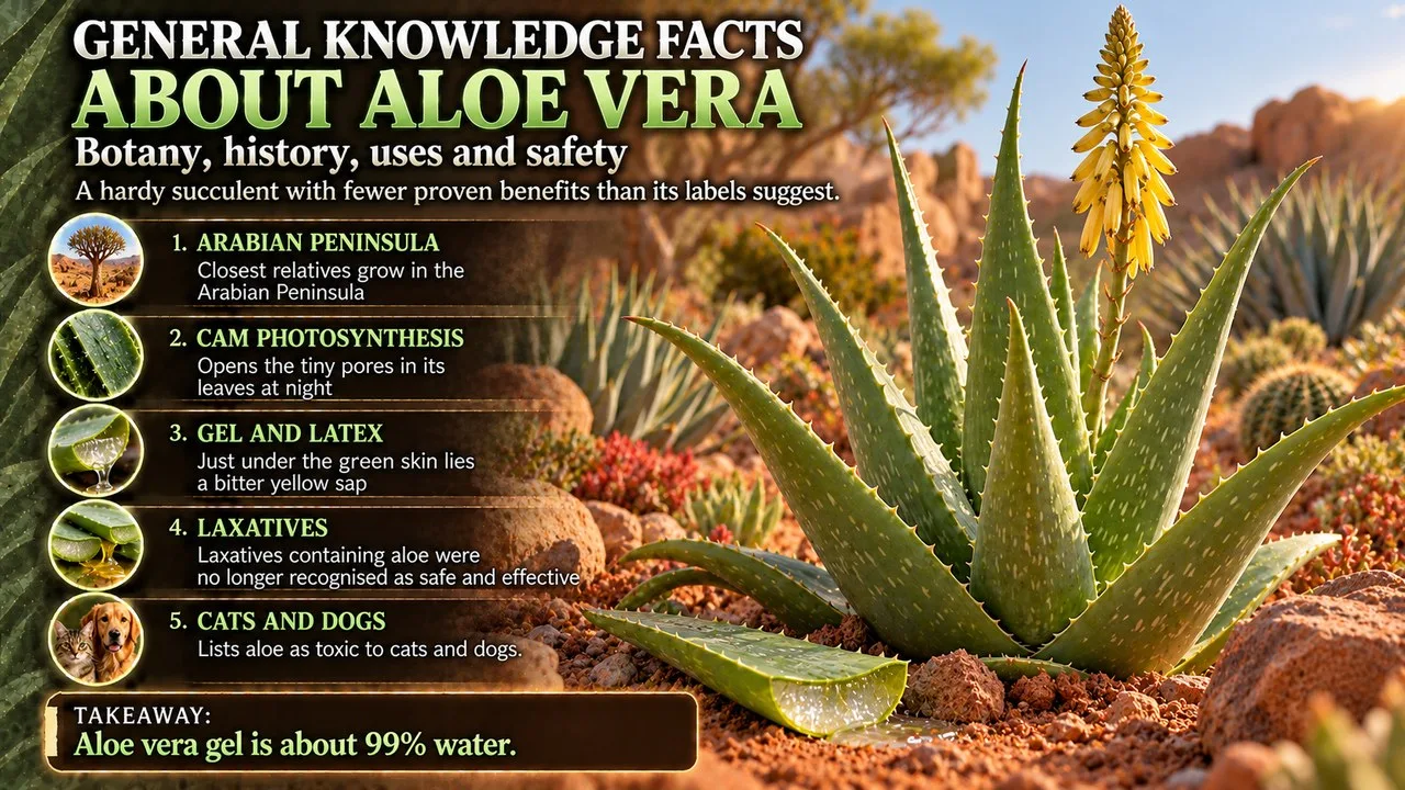 Infographic of general knowledge facts about the aloe vera plant, showing an aloe with yellow flowers and a cut leaf of gel