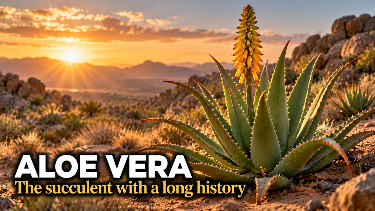 A large aloe vera plant with a tall yellow flower spike growing in desert sand at golden hour