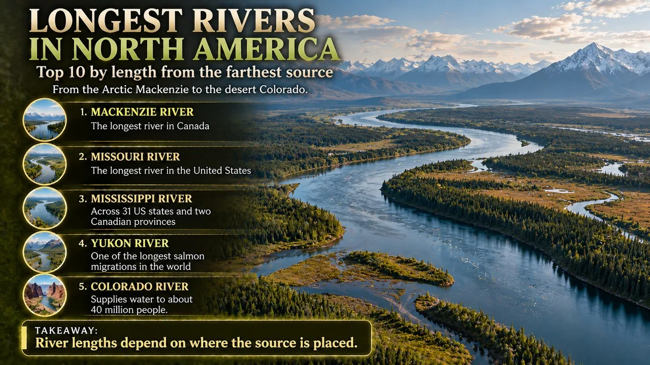Infographic of the top 10 longest rivers in North America, showing a broad river winding through boreal forest to mountains