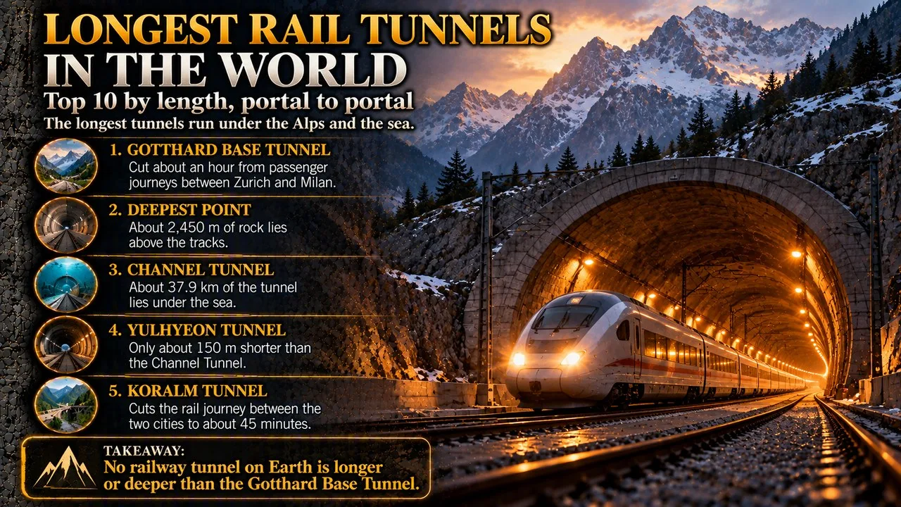 Infographic of the top 10 longest rail tunnels in the world, showing a train entering a tunnel lit by amber lamps