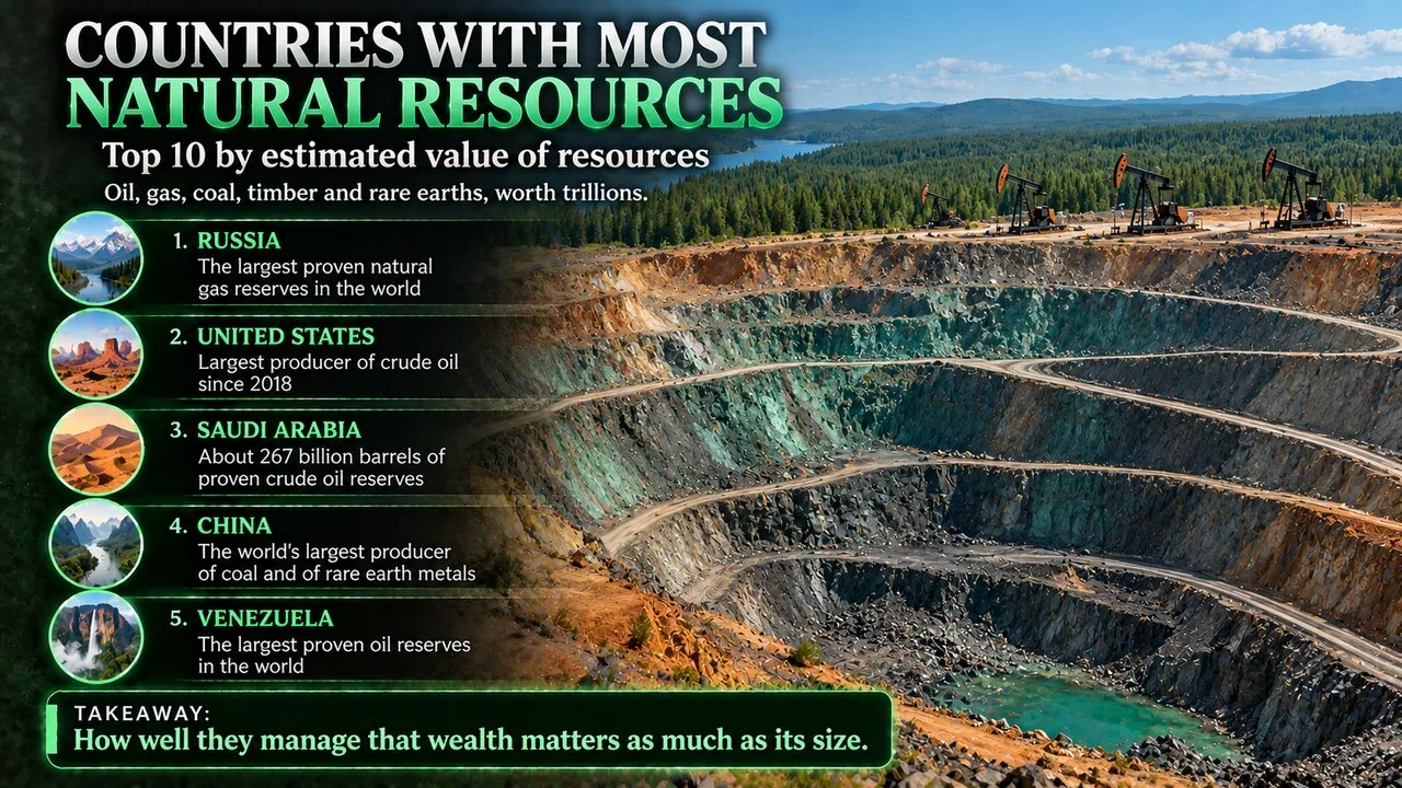 Infographic of the top 10 countries with the most natural resources, showing an open-pit mine, oil pumps and green forest