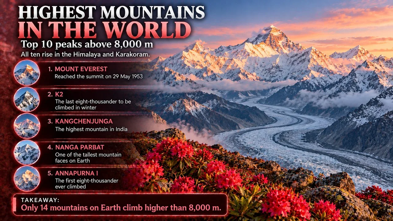 Infographic of the top 10 highest mountains in the world, showing snowy Himalayan peaks at sunrise above a glacier valley
