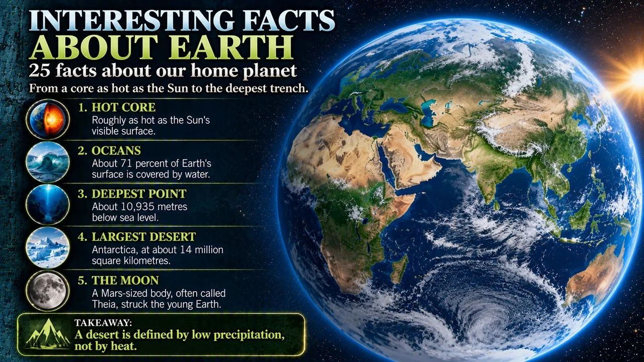Infographic of 25 interesting facts about Earth, showing the blue planet with clouds, oceans and continents seen from orbit