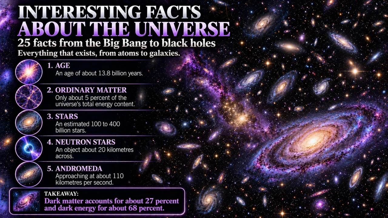Infographic of 25 interesting facts about the universe, showing a deep field of colourful galaxies scattered across space
