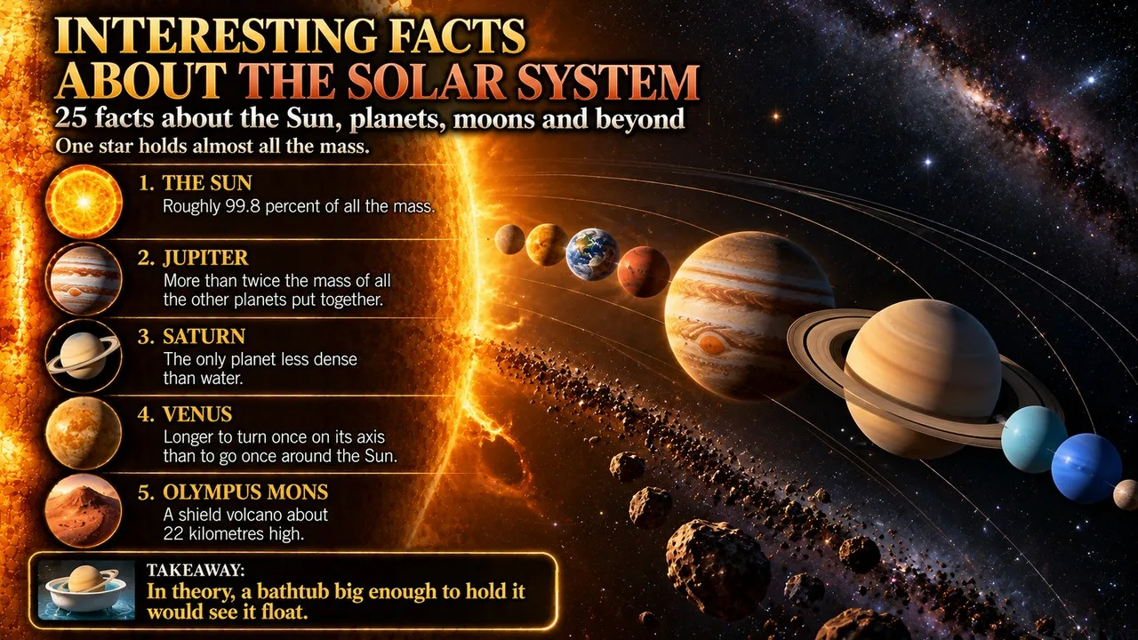 Infographic of 25 interesting facts about the Sun and its planets, showing the glowing Sun with Jupiter and ringed Saturn