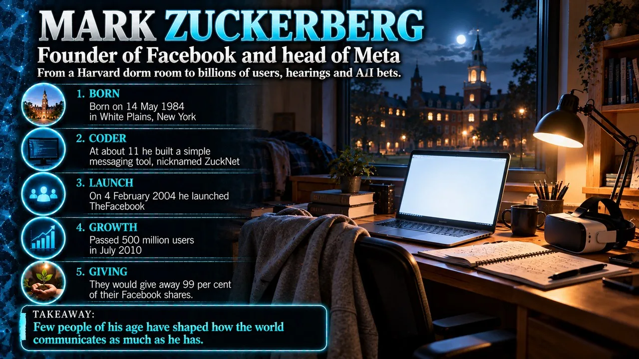 Infographic on Mark Zuckerberg's career, showing a dorm desk at night with an old laptop, a hoodie and a VR headset