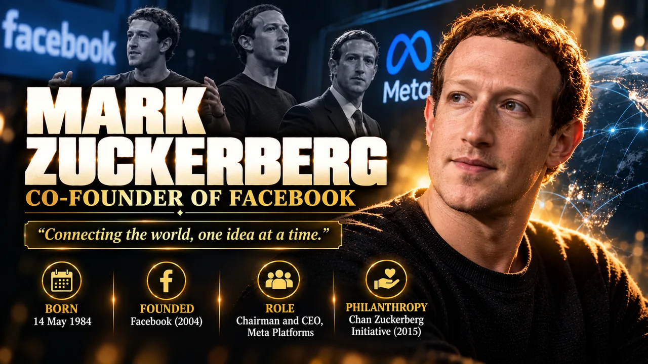 Mark Zuckerberg poster-style portrait with facts: born 14 May 1984, co-founded Facebook in 2004, chairman and CEO of Meta Platforms, Chan Zuckerberg Initiative (2015)
