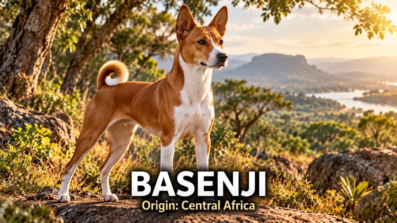A red and white Basenji with a tightly curled tail and wrinkled forehead standing alert in a sunlit African forest clearing