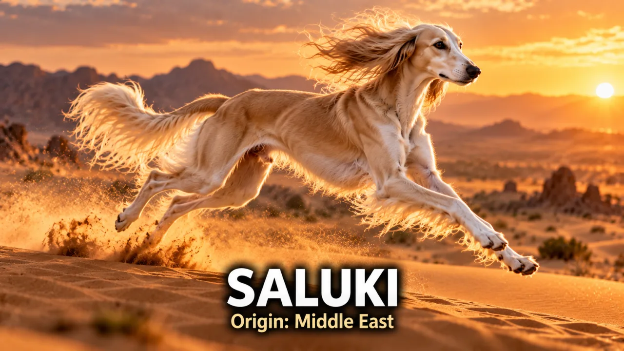 A cream feathered Saluki running at full stretch across golden desert dunes at sunset