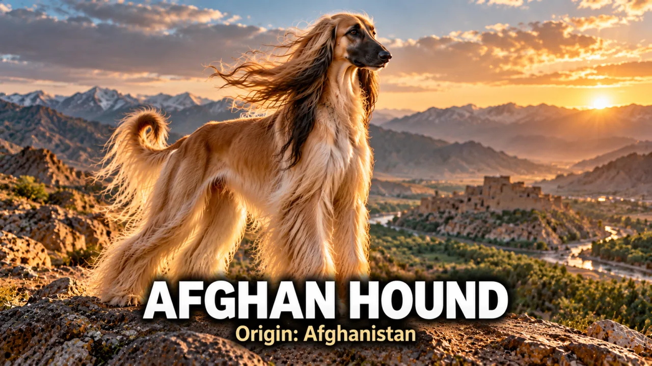 A black-masked golden Afghan Hound with a flowing silky coat standing on a rocky mountain ridge in wind