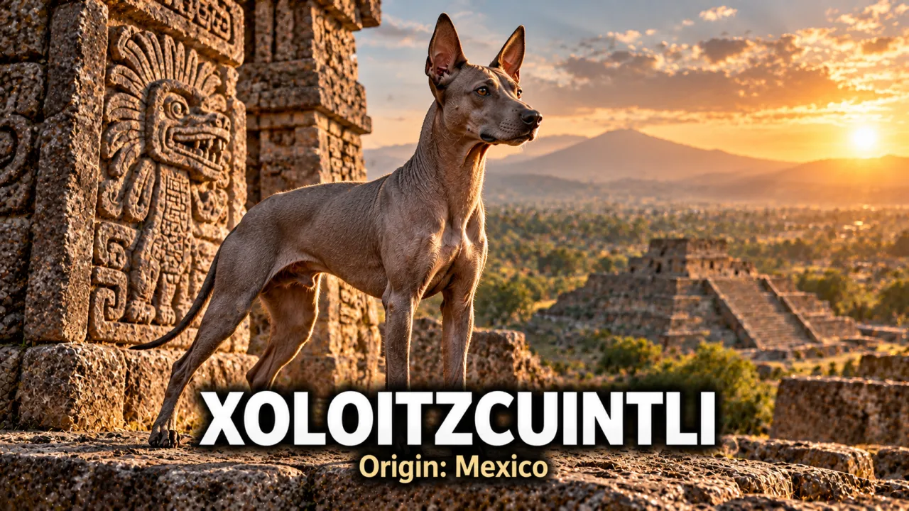 A slate-grey hairless Xoloitzcuintli standing proudly beside ancient Aztec stone carvings in warm light