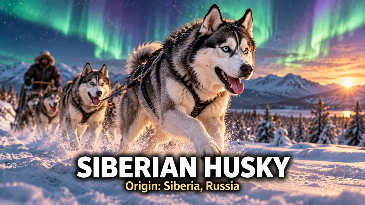A grey and white Siberian Husky with bright blue eyes pulling a sled across a snowy plain under northern lights