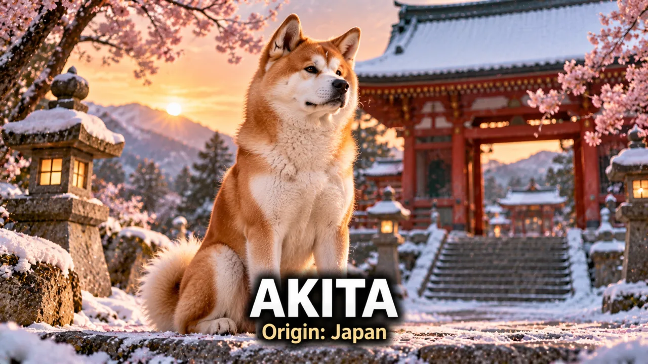 A red and white Japanese Akita sitting calmly in front of a snowy Japanese temple gate with cherry blossom branches