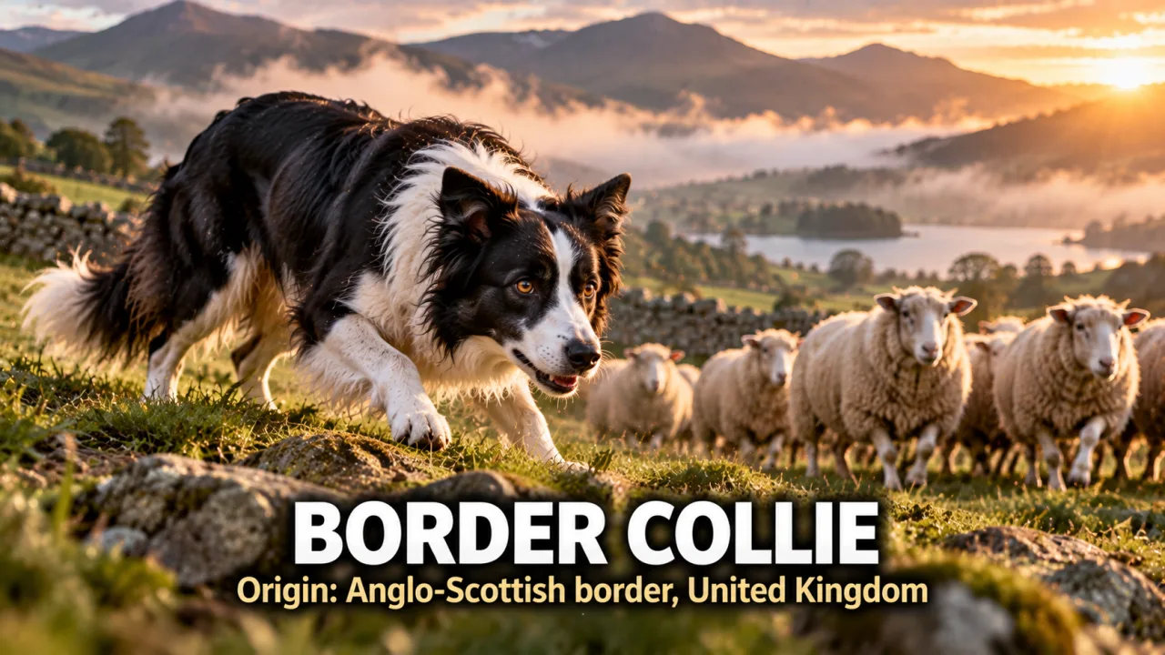 A black and white Border Collie crouched in a focused stare herding sheep across a misty green hillside