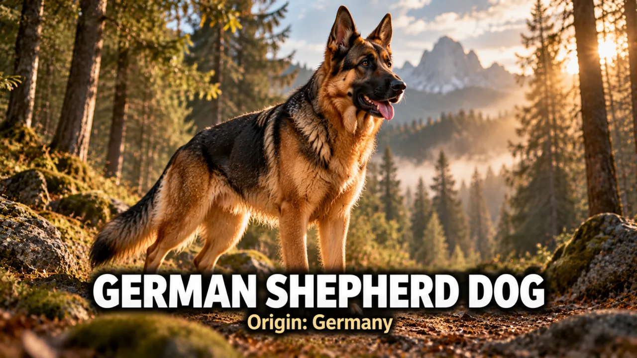 A black and tan German Shepherd Dog standing alert on a forest path in dramatic morning light