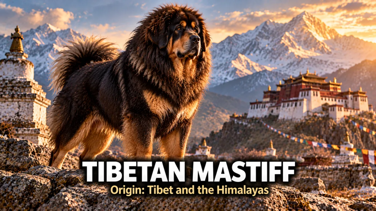 A massive black and tan Tibetan Mastiff with a thick mane standing guard before a Himalayan monastery and snowy peaks
