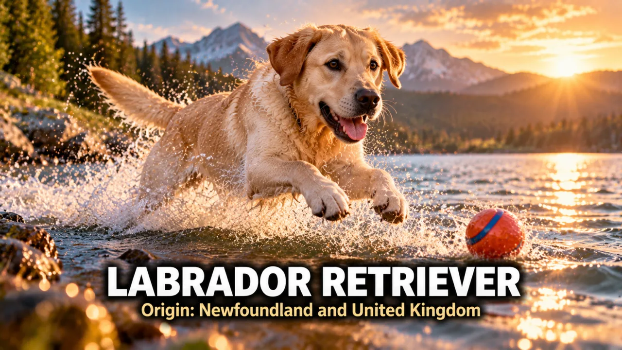A yellow Labrador Retriever leaping into a sparkling lake to retrieve a ball at golden hour