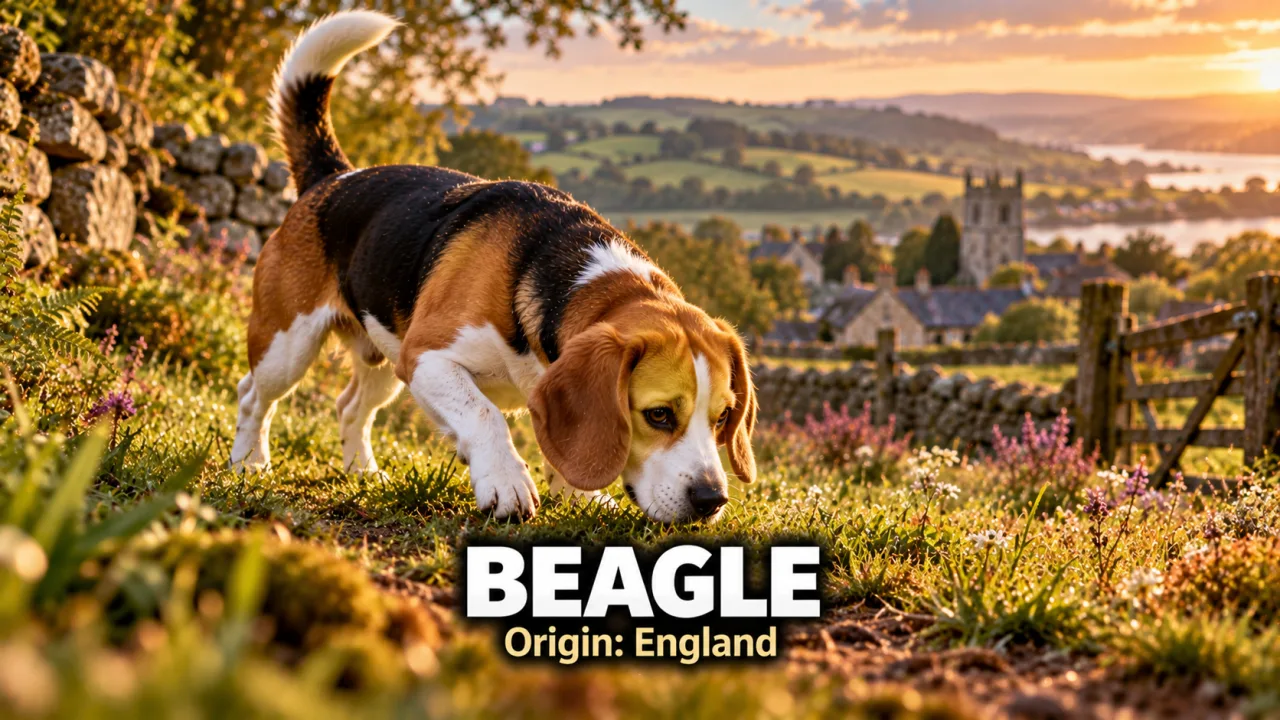 A tricolour Beagle following a scent trail through an English meadow with its tail held high