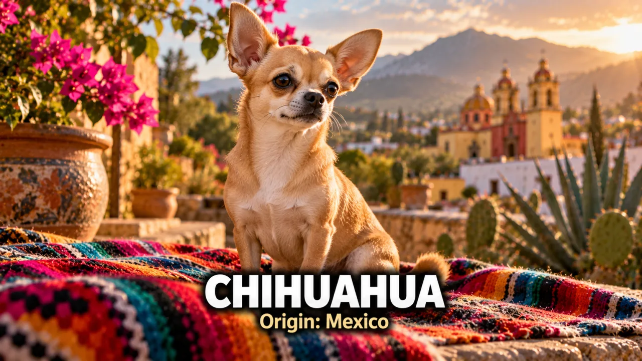 A fawn smooth-coated Chihuahua with large ears sitting on a colourful Mexican woven blanket in warm sunlight