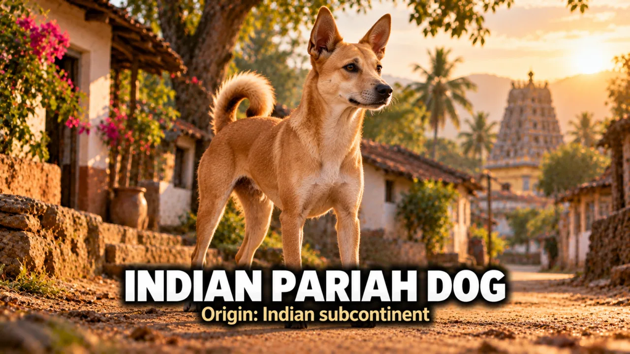 A fawn Indian Pariah Dog with erect ears and curled tail standing in a sunlit Indian village lane