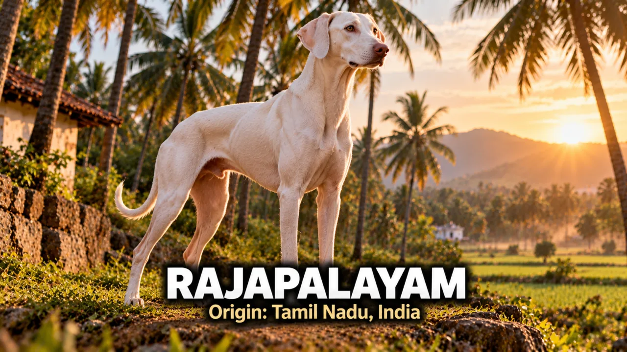 A tall milky-white Rajapalayam sighthound standing in a South Indian palm grove at sunrise