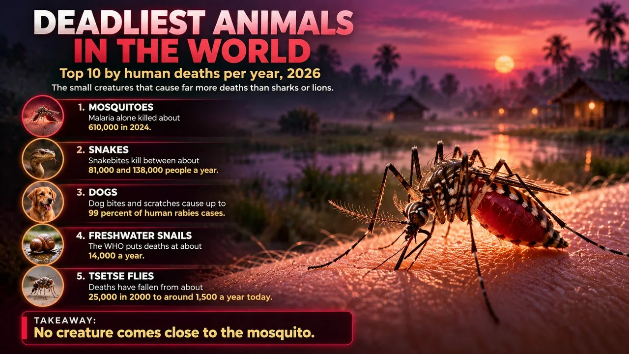Infographic of the deadliest animals in the world, showing a close-up of a mosquito on human skin at dusk, with callouts for mosquitoes, snakes, dogs, freshwater snails and tsetse flies
