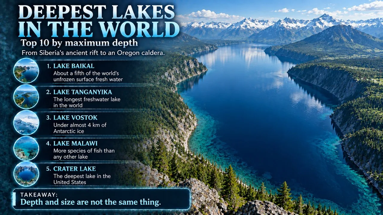 Infographic of the top 10 deepest lakes in the world, showing a deep blue rift lake between forested slopes and snowy peaks