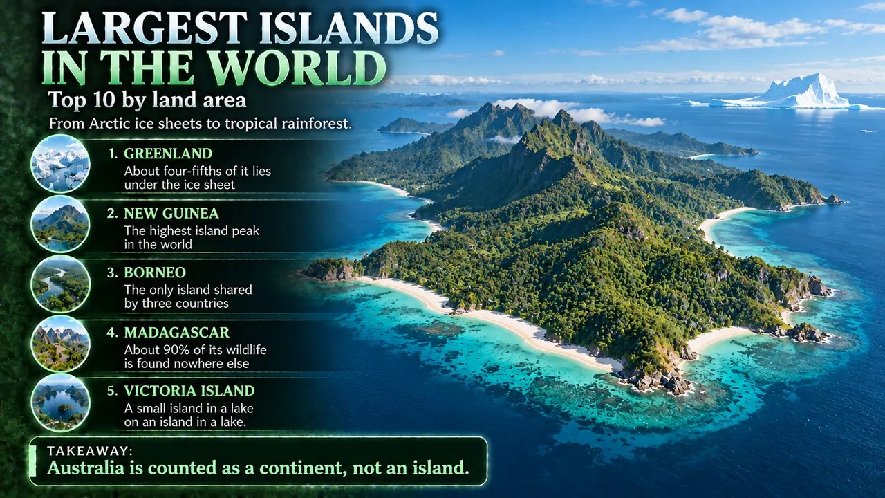 Infographic of the top 10 largest islands in the world, showing a forested tropical island in blue ocean with a far iceberg